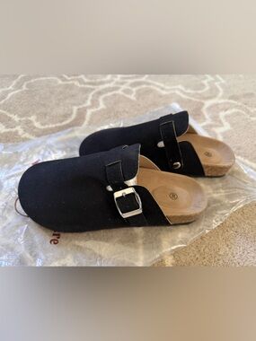 Black Faux Suede Slip-On Clog with Buckle